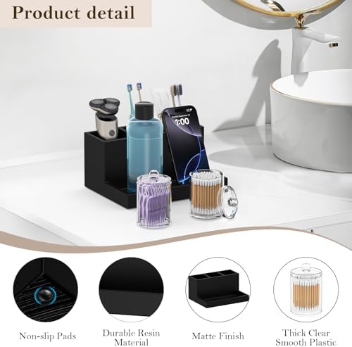 Toothbrush Holder for Bathroom with 2PCS Qtip Holder Dispenser, 3 Slot Bathroom Accessories Holder Floss Cotton Swab Hol