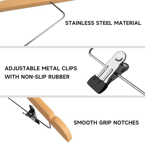 Wooden Hangers with Adjustable Metal Clips, 72-Pack, Natural