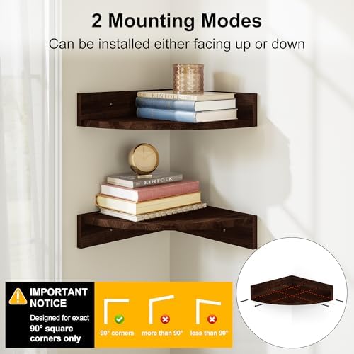 Alsonerbay Wood Corner Shelves Wall Mount 3-Pack, Dark Brown