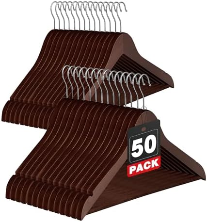 SUPER DEAL Wooden Hangers 50 Pack, Suit Hangers with Shoulder Notches 360 Swivel Chrome Hook Smooth Finish Non-Slip for Coat, Strap, Dress, Shirt, Pant, Jacket, Brown