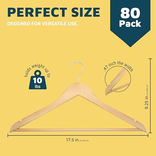 Lifemaster Wooden Hanger Set - 80 Pieces Non-Slip Versatile Closet Space-Saving Hanger Set for Suit, Coat, Camisole, Jac