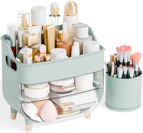 Yieach Green Make up Organizer for Countertop,Vanity,Large Capacity Bathroom Makeup Skincare Organizers With Brush Holde
