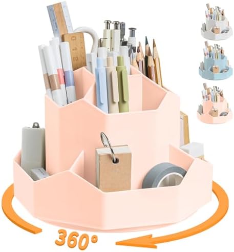 Pencil Pen Holder for Desk,9 Slots 360 Degree Rotating Desk Organizers,Desktop Storage Stationery Supplies Organizer, Cute Pencil Cup Pot For Office, School, Home(Pink)