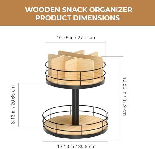 Snack Organizer - Versatile Snack Storage 2 Tier Lazy Susan with Convenient Grab-and-Go Design, Wood and Metal Snack Hol