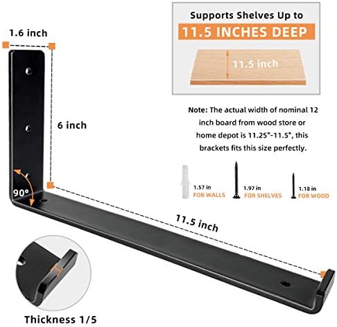 Shelf Brackets 12 Inch, Heavy Duty Black Metal Floating Shelf Bracket, Rustic Farmhouse Decorative Iron L Bracket with L