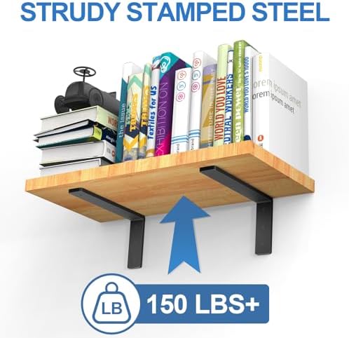 Heavy Duty Shelf Brackets, 6 Pack 10 Inch Black L Metal Shelving Brackets, 5mm Thick Rustic Shelf Support Bracket for DI