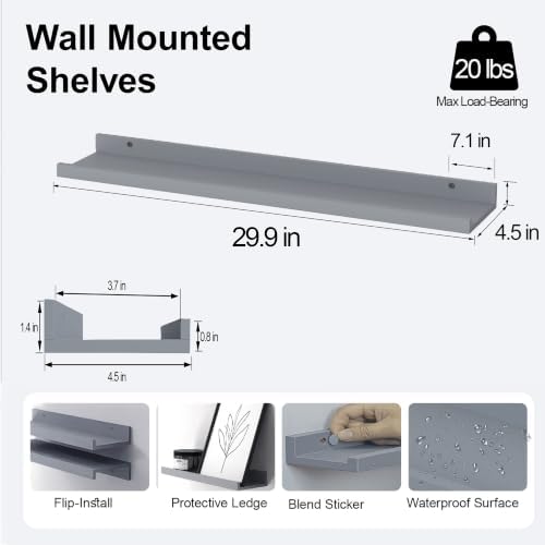 Grey Floating Shelves for Wall Decor, 30 in Shelf with Lip Set of 2