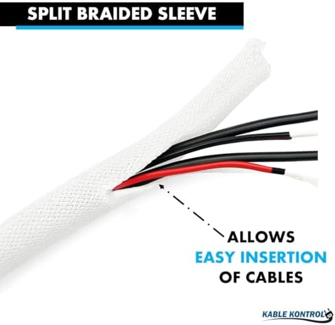 Kable Kontrol Braided Cable Sleeve Split Wrap 1/4" 50 Ft - White
