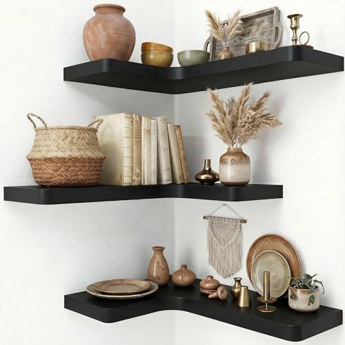 16 Inch Solid Wood Floating Corner Shelves, 3 Pack, Matte Black