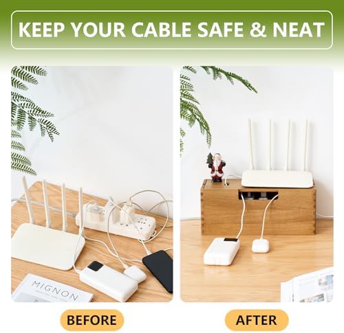 Oak Wood Cable Management Box - Large Cord Hider & Organizer with Magnetic Lid for Desk & Floor Cables in Home Office, L