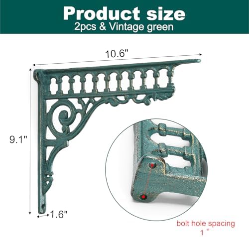 2PCS Cast Iron European Style Wall Shelf Brackets, 10.6in(L), Green