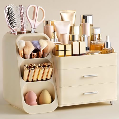 HBlife Makeup Organizer with Brush Holder for Vanity, Large Plastic Bathroom Countertop Organizer Skin Care Storage, Eas