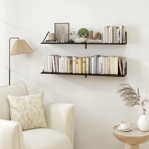 Heimlove Black Deep Floating Shelves for Wall, 40W x 8D Wood Wall Shelves Set of 2, Wide Floating Bookshelf for Living R