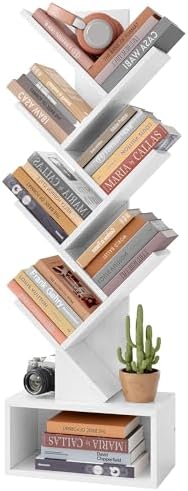 Hoctieon 6 Tier Tree Bookshelf, Tall Bookcase with Drawer, Freestanding Book Shelf, Display Floor Standing Storage Shelf