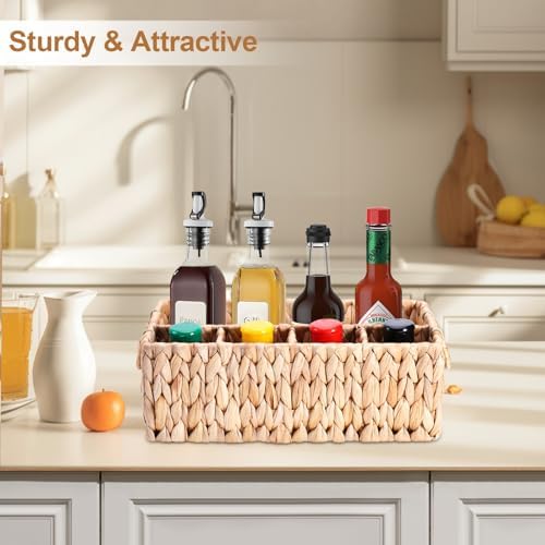 Wicker Party Silverware Caddy, Water Hyacinth Plastic Cutlery Utensil Holder, Hand Woven with Handles, Kitchen Counterto