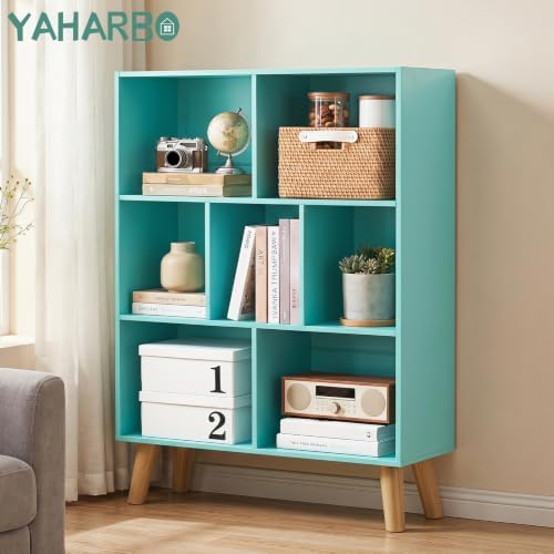 YAHARBO Green Bookshelf,3 Tier Book Shelf with Legs, 7 Cube Minimalist Bookcase,Storage Organizer Shelves Display Bookca