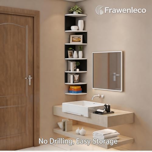 No-Drill Corner Shelf Wall Mount, 7-Tier Floating Corner Bookshelf with Hooks, Space-Saving Zigzag Plant Shelf for Bedro