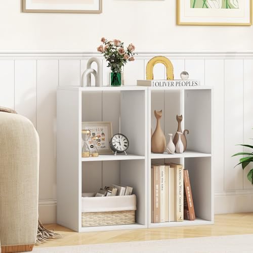 2 Cube Storage Organizer Set of 2, 2 Tier Floor Standing Bookcase, Small Bookshelf for Small Spaces, Wooden Open Display