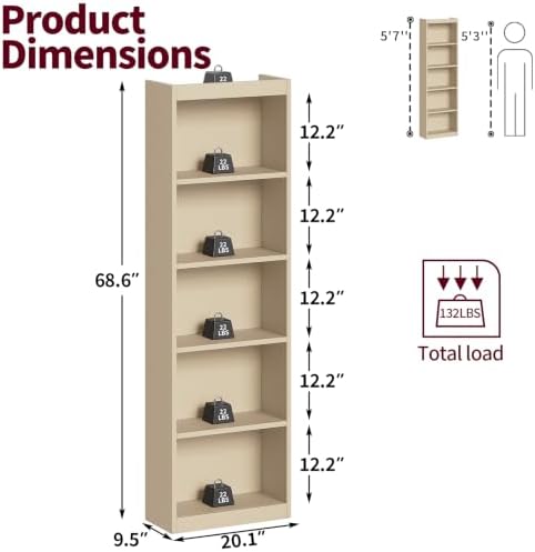 5 Tier Bookshelf,Open Storage Book Shelf,68 Inch Bookcase