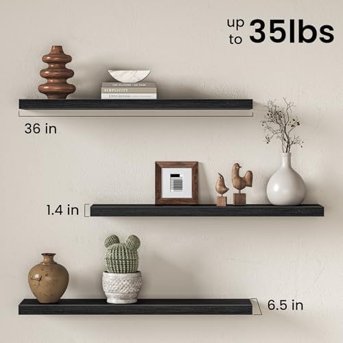 36 Inch Floating Shelves for Wall, Rustic Wood Wall Mounted Deep Storage Shelves with Invisible Brackets, Large Decorati