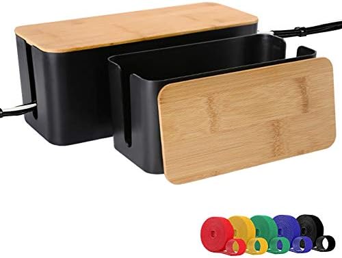 Cable Management Box, 2 Pack Bamboo Lid Large Storage Wires Organizer Holder for Home, Desk, TV, Computer, USB Hub - to 