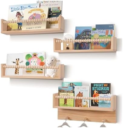 BOMID Wall Bookshelves,Set of 4 Natural Wood Floating Bookshelf,Nursery Shelves,Floating Book Shelves for Wall(Burlywood)