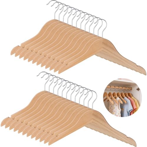 24 Pcs Small Wooden Hangers - Solid Wood Clothes Hangers with 360° Swivel Hooks & Notches for Small Jackets, Shirts, Dresses, Coats