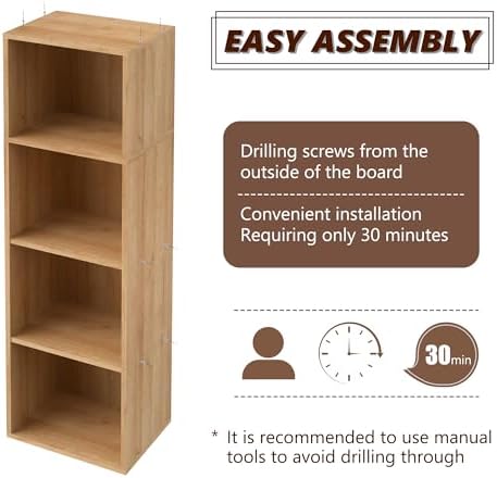 4-Tier Wooden Cube Storage Organizer, 42 Inch Tall Bookcase & Display Shelf with 4 Open Cubes, Freestanding DIY Closet S