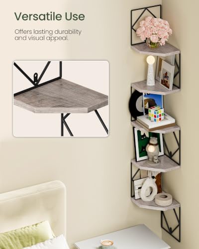 CHOEZON 5-Tier Corner Shelf, Floating Shelf, Wall-Mounted Storage Shelf, Wall Decor, Narrow Corner Bookshelf, for Living