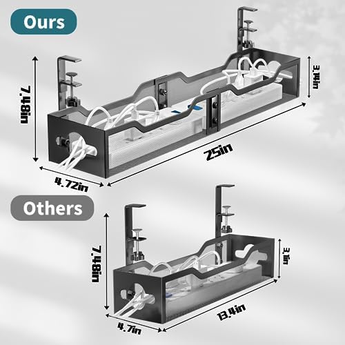 Under Desk Cable Management Tray Black, Litwaro Cable Management Under Desk No Drill, 25'' Cable Tray with Clamp for Wir