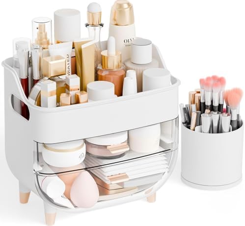 Yieach White Make up Organizer for Countertop,Vanity,Large Capacity Bathroom Makeup Skincare Organizers With Brush Holde