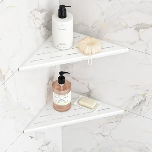 Qeke 10" Corner Shower Shelves 304 Stainless Steel, Matte White, 2 Pack