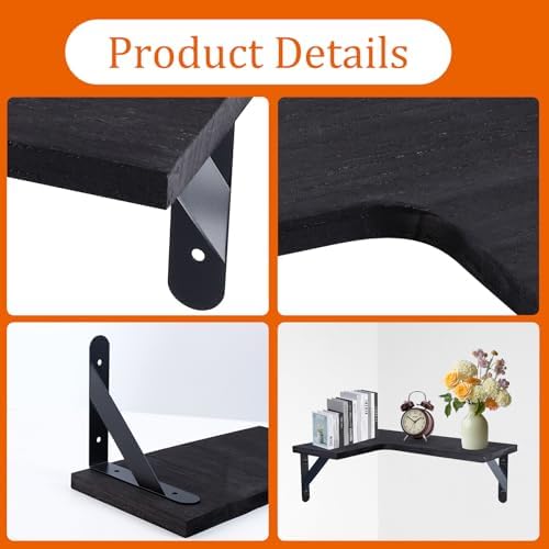 5 Pack Corner Floating Shelves, Wall Mounted Wood Shelf, Black
