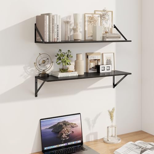 Heimlove Black Deep Floating Shelves for Wall, 30W x 8D Wood Wall Shelves Set of 2, Wide Floating Bookshelf for Living R