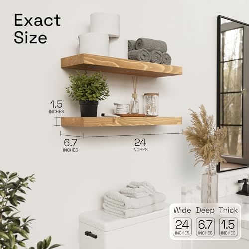 Natural Wood Floating Shelves for Wall 24 inch Oak, Wooden Bathroom Shelf