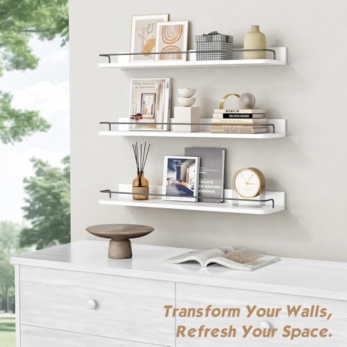 Forbena Floating Shelves for Wall 24 Inches Long, Modern White Wall Shelving Unit for Bedroom, Wood Hanging Shelf for Ki