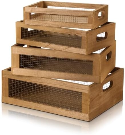 FillTouch 4 Pcs Wooden Nesting Countertop Baskets, Dark Brown, Small