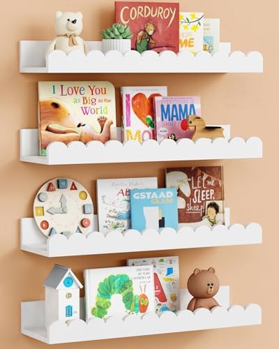 White Scalloped Nursery Floating Shelves for Wall, Scallop Kids Book Shelf