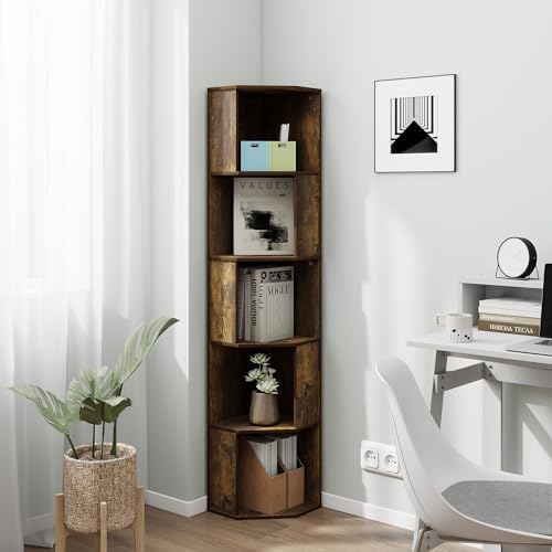 Black 5 Tier Slim Corner Bookshelf with Open Shelves, Wood Black Tall Corner Shelving Unit, Narrow Book Shelves for Bedr