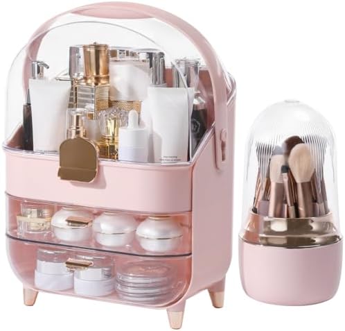 Makeup Organizer for Vanity with Brush Holder, Lid and 2 Drawers, Pink