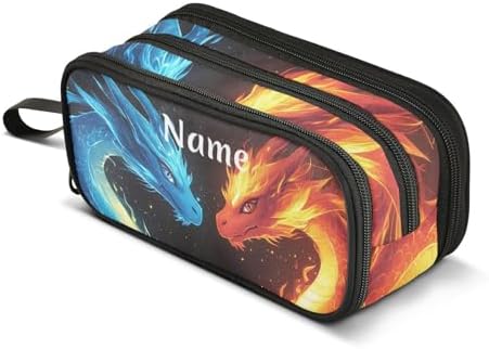Custom Dragons Red Blue Fire Eyes Pencil Case Box Boys Girls Personalized Name Large Pencil Pouch Stationery Pen Bag Organizer for Kids Adults School Office