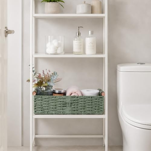 Round Paper Rope Storage Basket Wicker Baskets for Organizing with Handle Decorative Storage Bins for Countertop Toilet Paper Basket for Toilet Tank Top Small Baskets Set,Green
