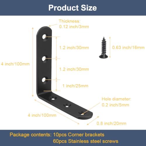 10 Pcs Black L Bracket 4 Inch Stainless Steel Corner Braces, 100x100mm Heavy Duty Shelf Bracket for Wood, Shelves, 90 De