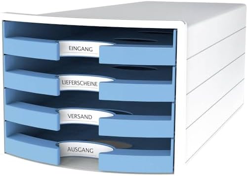 Han Impuls Drawer Box DIN A4/C4 4 Open Drawers White/Trend Colour Light Blue