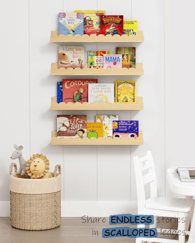 Harwaya Scalloped Nursery Bookshelf Wall Mounted 4-Pack, Natural Wood Floating Book Shelves for Wall, Cloud Wall Mount B
