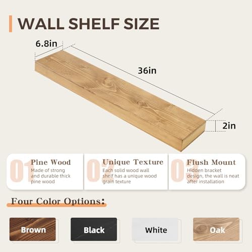 Floating Shelves, 36 Inch Wall Mounted Shelves, Set of 2, Oak