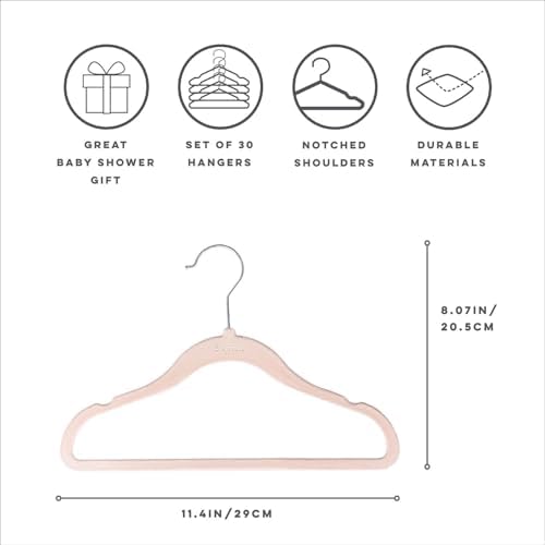 3 Sprouts Velvet Baby Hangers - Non-Slip Hangers for Infant and Toddler Clothes - Slim Space-Saving Design with Nordic Colors for Nursery - 30 Pack - Pink