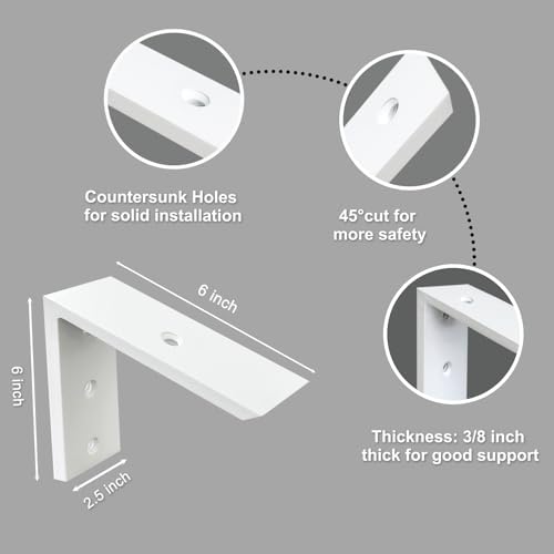 Heavy Duty 6 Inch White Granite Countertop Support Bracket 2 Pack - 6"x6"x2.5" Shelf L Bracket Mantel Corbels for Quartz