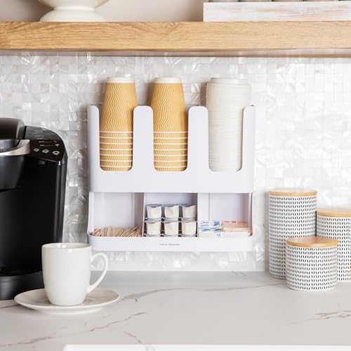 Mind Reader Cup and Condiment Station, 13 Inch Countertop Coffee Bar Organizer with 6 Compartments, Storage Caddy for Cu