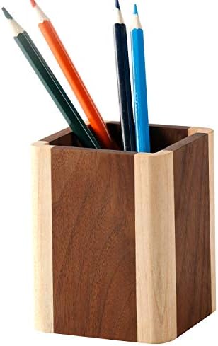 Natural Wood Desk Pen Holder Pencil Organizer Desktop Office Pencils Stand Holder Simple(Maple side walnut center)